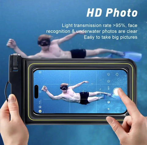 Rugged Waterproof Phone Pouch With Clear Touchscreen Window showing underwater photo capture with device during swimming.