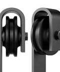 Sliding Barn Door Hanger Rollers Set Of Two For All Barn Door Hardware Kits, J-Shape Hangers, Black Steel, Side View