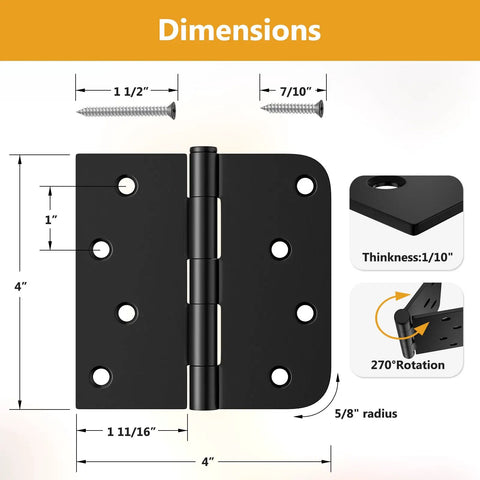 Heavy Duty Black Steel Door Hinges Six Pack Four Inch Exterior Swing Kit With Removable Pins dimensions showing screws and hinge measurements.