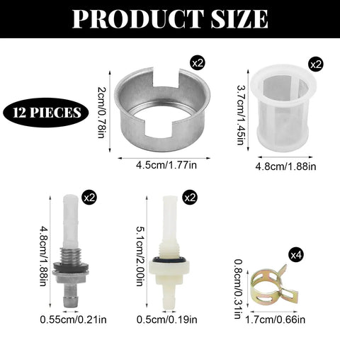Product size details of the Gas Fuel Tank Joint Outlet Filter And Fuel Line Screen Kit For Predator 212 Small Engine And GX160 GX390 Clones Coleman Baja CT200U BT200X Go Kart Mini Bike, showing 12 pieces and dimensions.
