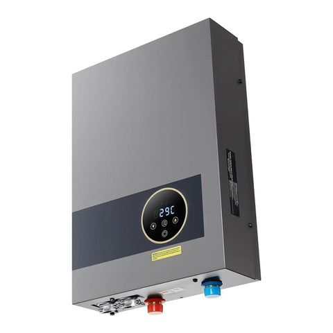 Heavy Duty 36KW Tankless Electric Water Heater 240V On Demand Straight Up Instant Hot Water showing LCD display and inlet/outlet valves.