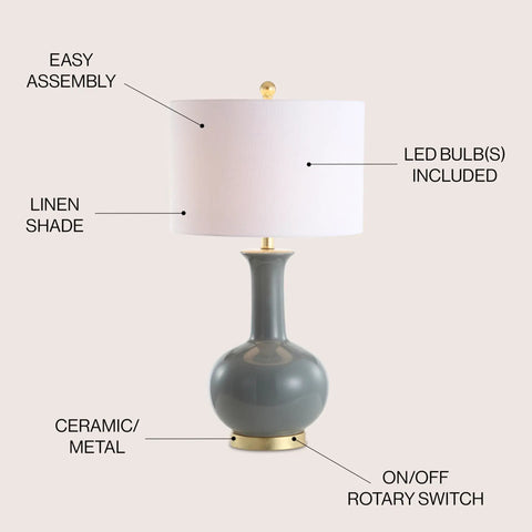 27 Inch Gray And Brass Ceramic Table Lamp For Living Room And Bedroom With White Linen Drum Shade Modern Transitional Nightstand Lamp LED Bulb Included Energy Efficient And ETL Listed