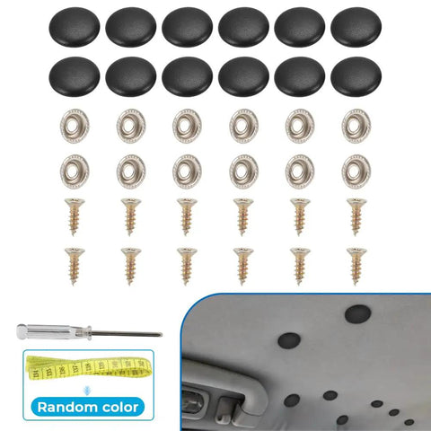Set Of 12 Premium Black Leather Snap Upholstery Buttons For Tufting Sofas And Car Seats Features A Tight Three Quarter Inch Fit To Level Up Your Furniture Fix Game With Top Tier Build And Slick Finish, showing buttons and tools.