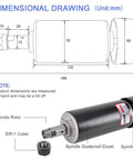 Dimensional drawing and photo showing CNC Spindle Motor Kit 500W ER11 Brushed With PSU spindle parts and measurements.