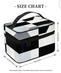 Your Holy Grail Travel Makeup Bag Features A Cool Black And White Piano Grid Design, measuring 9x6.7x6.3 inches.