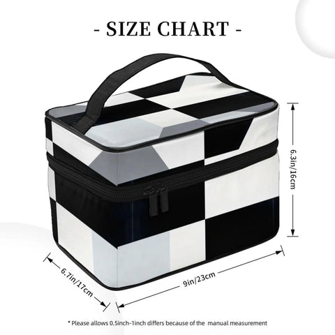 Your Holy Grail Travel Makeup Bag Features A Cool Black And White Piano Grid Design, measuring 9x6.7x6.3 inches.