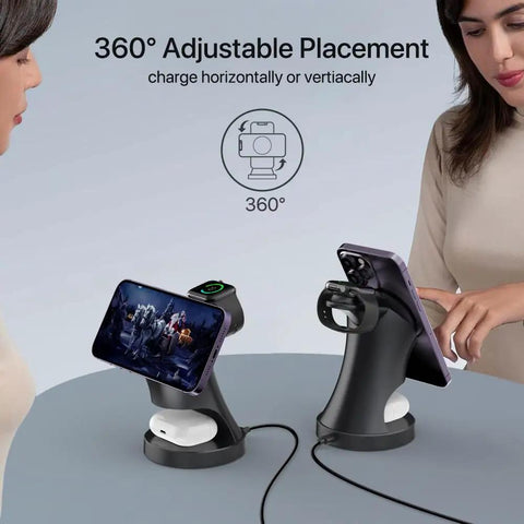 Two 3-In-1 Wireless Charging Stations for iPhone 17 16 15 14 13 12 Pro Max Plus Mini, AirPods 2 3 4 Pro, and Watch Ultra 11 10 9 8 7 SE MagSafe Charger Dock on a table.