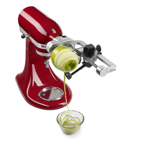 Fruit And Vegetable Spiralizer Attachment For Stand Mixer Power Hub With 5 Quick Change Blades spiralizing an apple