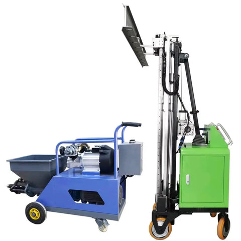 Professional Grade Fully Automatic Wall Leveling Machine Compact Cement Plaster Tool, heavy-duty, blue and green chassis for interior remodels.