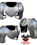 Medieval Iron Gorget And Spaulders Shoulder Armor Set For LARP SCA Knights, handcrafted steel, silver finish, front and side view.