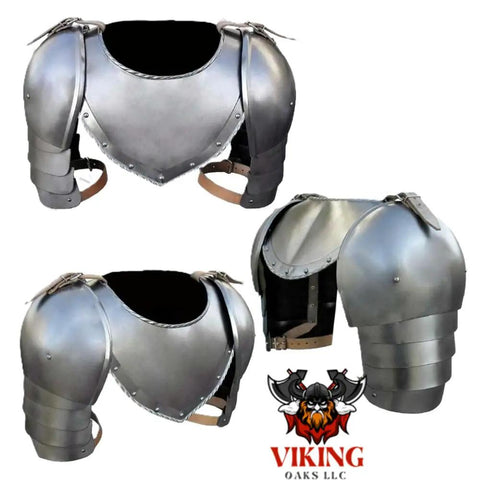 Medieval Iron Gorget And Spaulders Shoulder Armor Set For LARP SCA Knights, handcrafted steel, silver finish, front and side view.