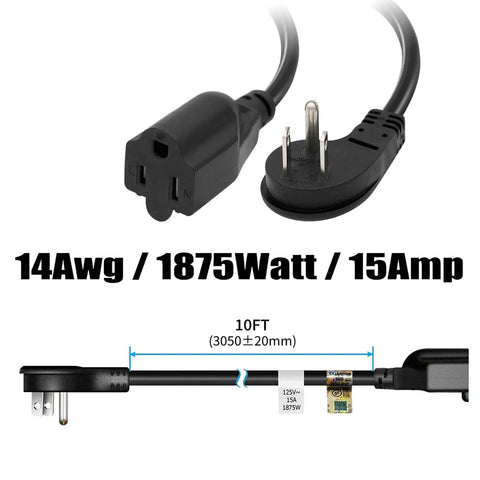 Close-up of 1875W 14 Gauge Flat Plug Extension Cord, 10 Ft, 15A Black, UL Listed RoHS, showing flat plug design and cord details