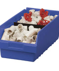 ShelfMax Plastic Nesting Storage Bins Box Set, 18-Inch L x 8-Inch W x 6-Inch H, Blue, Case of 8, filled with plumbing parts