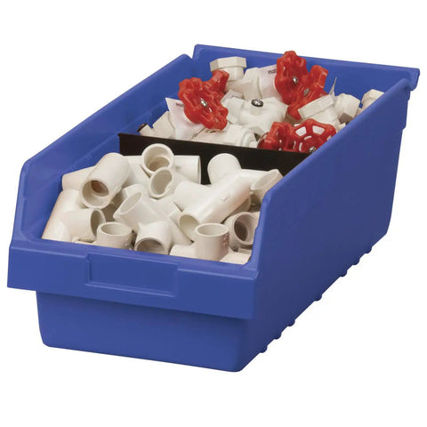 ShelfMax Plastic Nesting Storage Bins Box Set, 18-Inch L x 8-Inch W x 6-Inch H, Blue, Case of 8, filled with plumbing parts
