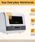 Compact Countertop Dishwasher Featuring Three Wash Modes Quick Standard And Intensive Plus Built In Fruit Washer, side view with digital interface.