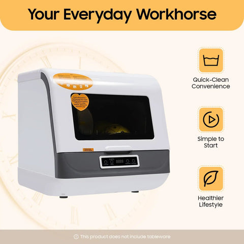 Compact Countertop Dishwasher With Strong 800W Spray Arm And Three Quick Wash Cycles, modern design, intuitive controls.