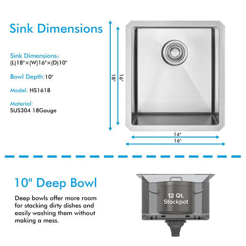 16 Inch Bar Prep Sink Single Bowl Undermount 18 Gauge T304 Stainless Steel Satin Finish With Strainer And Bottom Grid cUPC Listed Built Tough And Noise Reducing For Quiet Dish Duty, sink dimensions and deep bowl illustration