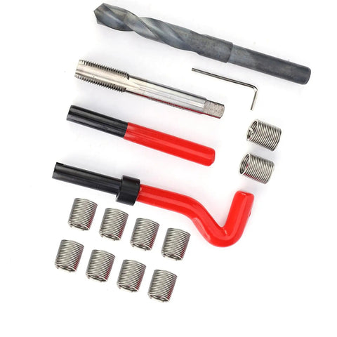 Fifteen Piece Stainless Steel Helicoil Thread Insert Repair Kit M14x1.5 Drill Set for Radiators Automotive Parts Separation Equipment and Heavy Machinery Maintenance, includes drill, tap, and inserts.