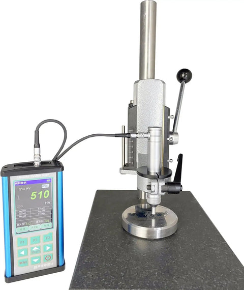 Solid Gold Portable Ultrasonic Hardness Tester With Robust Stand And Precision Probe measuring on a metal surface.
