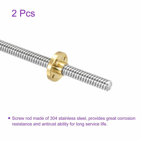 Two Pack 100mm Fully Threaded Lead Screws With Brass Nut Kit For 3D Printers And CNC Machines, 8mm Diameter, 8mm Lead, 2mm Pitch
