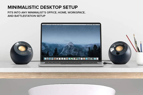 Pebble V2 2 Channel USB Computer Speakers Black Deliver Dope Stereo Sound For Your Desk with laptop on a modern desk setup