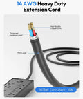 14 AWG power cord structure with copper core, insulation, and PVC layers for 25 Ft Flat Plug Extension Cord Power Strip With 12 Outlets And 3 USB Ports, 2100J Surge Protection, 1875W 15A, Wall Mountable, Low Profile Design For Home Office, Workshop Or Garage, Black.
