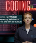 Premium 30 Day Space Mission Coding Course For Adults And Teens With Robotics And Engineering Projects, Arduino IDE Compatible Kit, Real NASA Researchers And Pro Level Video Lessons, Hands On STEM Adventure coding lesson with instructor and setup() pinMode() text