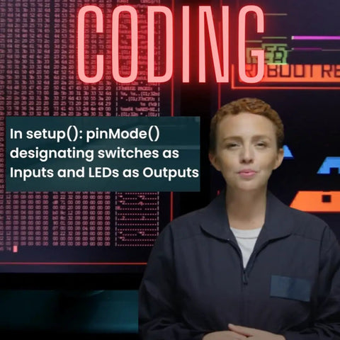 Premium 30 Day Space Mission Coding Course For Adults And Teens With Robotics And Engineering Projects, Arduino IDE Compatible Kit, Real NASA Researchers And Pro Level Video Lessons, Hands On STEM Adventure coding lesson with instructor and setup() pinMode() text