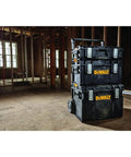 Rugged ToughSystem Tool Box With Pull Back Lid For Maximum Storage Non Detachable Lid Wide Grip Handle shown on a worksite