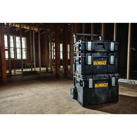 Rugged ToughSystem Tool Box With Pull Back Lid For Maximum Storage Non Detachable Lid Wide Grip Handle shown on a worksite
