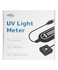 UV Light Meter Tool For 405nm Resin 3D Printers, High Accuracy Photopolymer Curing Meter, Pro Grade Quality, Wide 0 To 50000 uW Per cm2 Range, 130cm Data Cable, P405L1 Probe, 10mm Test Hole, GVBL-S12SD Sensor. Box front view with UV meter and probe.