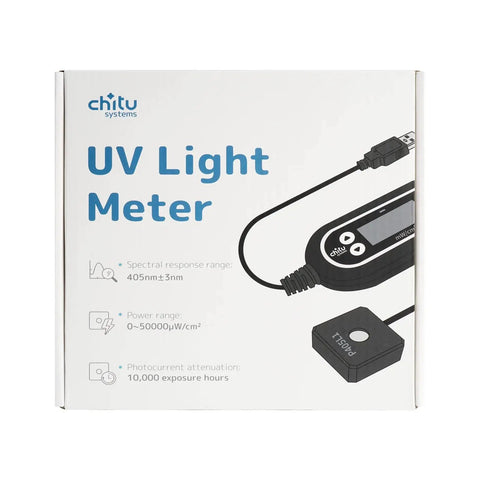 UV Light Meter Tool For 405nm Resin 3D Printers, High Accuracy Photopolymer Curing Meter, Pro Grade Quality, Wide 0 To 50000 uW Per cm2 Range, 130cm Data Cable, P405L1 Probe, 10mm Test Hole, GVBL-S12SD Sensor. Box front view with UV meter and probe.