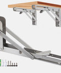 Rock Solid Heavy Duty Fold Flat Shelf Brackets No Fuss Wall Mounted Corner Brace Tight Space Savers Smooth Collapsing Stainless Steel Bracket Set with screws and level.