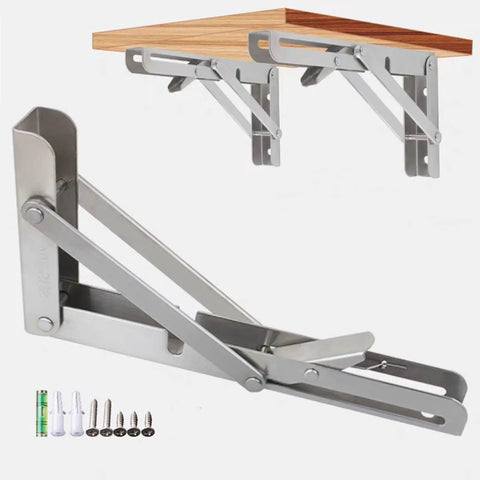 Rock Solid Heavy Duty Fold Flat Shelf Brackets No Fuss Wall Mounted Corner Brace Tight Space Savers Smooth Collapsing Stainless Steel Bracket Set with screws and level.