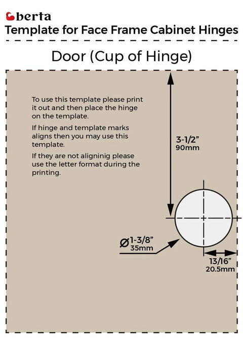 Template for installing Soft Closing 3/8 Inch Overlay Face Frame Cabinet Hinges with measurements for hinge cup placement.