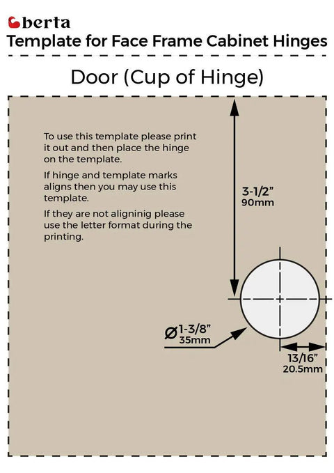 Template for 40 Pack 1 1/4 Inch Overlay Soft Closing Face Frame Cabinet Hinges, showing dimensions and placement guide.