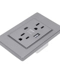 Built Tough 15A Decorator Wall Outlet With USB And Type C Quick Charge Ports Splash Proof Standard Switch Plate For Home And Office Clean Grey view from the side showing outlets and ports.