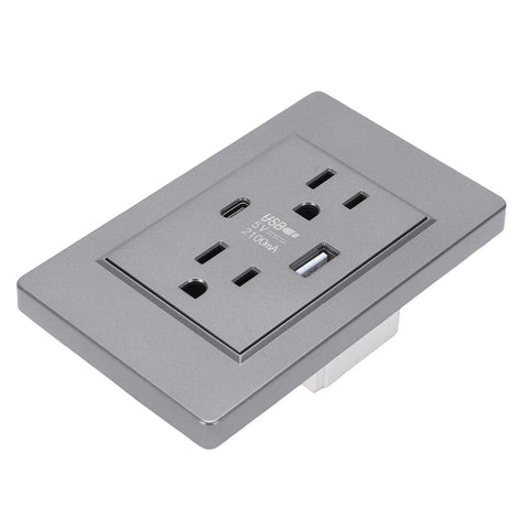 Heavy Duty Grey Decorator Wall Outlet With Built In Usb And Type C Ports Solid As A Rock Design side view showing charging ports