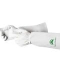 Long Goatskin Leather Gardening Gloves For Women And Men, Thorn Resistant Gauntlet For Rose Pruning, Forearm Protection, Puncture Resistant, Durable 2XL Natural, showing side view with extended gauntlet.