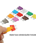 Straight Up Rock Solid 80 Piece Professional Grade Standard Blade Fuse Assortment Kit For Cars Trucks And Boats With Easy Grip Pry Tool showing colorful blade fuses and extractor.