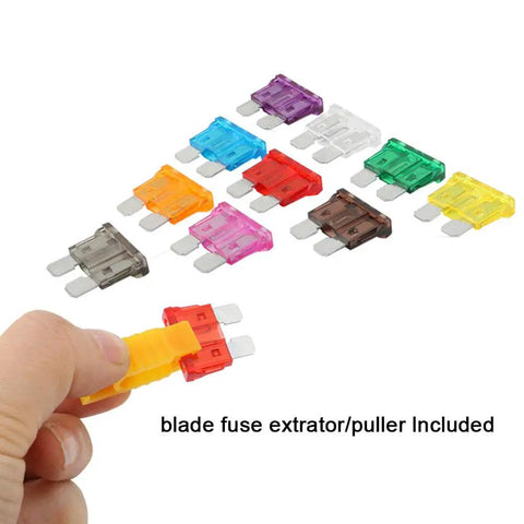 Straight Up Rock Solid 80 Piece Professional Grade Standard Blade Fuse Assortment Kit For Cars Trucks And Boats With Easy Grip Pry Tool showing colorful blade fuses and extractor.