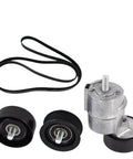 Upgrade Your Ride With This Top-Rated Timing Belt Tensioner Pulley Idler Kit For 2.0 And 2.4 L4 Engines Featuring A Durable V-Ribbed Design That Smashes Slack, Stops Slippage, And Keeps Your Motor Purring Like A Kitty Cat Without Any Drama Or Hiccup., black timing belt tensioner pulley idler kit for 2.0 2.4 L4 engine with belt and pulleys