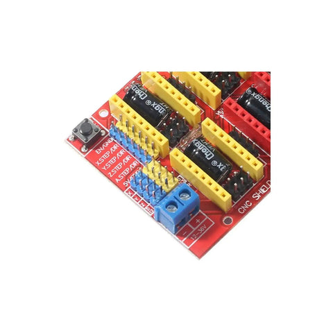 Close-up of Engraver 3D Printer CNC Shield Expansion Module with A4988 Driver Board, yellow and red connectors visible.