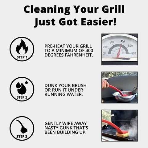Infographic showing three steps for grill cleaning with Bristle Free Replaceable Scraper Head Compatible With Gas Charcoal Porcelain Ceramic Cast Iron And Stainless Steel Grates Safe Durable BBQ Grill Cleaning Tool.