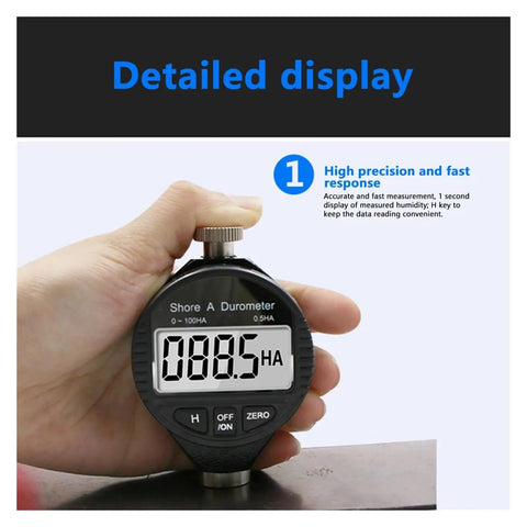 Hella Precise Electronic Digital Shore Durometer Type A D C Hardness Tester Meter with LCD screen held in hand displaying measurement.