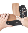 Hands using Miter Max Corner Clamp Pro Grade For Woodworking And Craft Projects Fast Locking Miter Clamp on wooden miter joint.