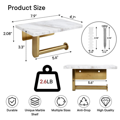 Dope Mega Roll Toilet Paper Holder With Natural Marble Shelf, brushed gold, 2.08" x 7.9", supports heavy rolls, product specifications