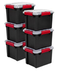 Six Pack Five Gallon Waterproof Storage Totes IP68 Submersible Plastic Bins With Airtight Silicone Seals stacked in black and red.