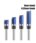 Get Ready For A Flawless Finish With This 4 Pcs Flush Trim Router Bit Set Featuring Versatile Shanks And Smooth Bearings To Perfectly Match Veneer And Laminate Edges On Any Custom Cabinetry Or Furniture Project Today - 4 router bits with 6mm and 6.35mm shanks.
