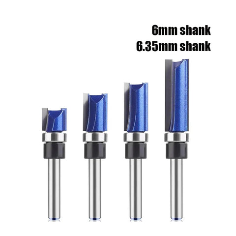 Get Ready For A Flawless Finish With This 4 Pcs Flush Trim Router Bit Set Featuring Versatile Shanks And Smooth Bearings To Perfectly Match Veneer And Laminate Edges On Any Custom Cabinetry Or Furniture Project Today - 4 router bits with 6mm and 6.35mm shanks.